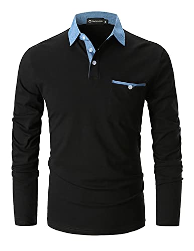 GHYUGR Poloshirts Herren Basic Langarm Baumwolle Polohemd Denim Nähen Golf T-Shirt S-XXL,Schwarz,XXL von GHYUGR