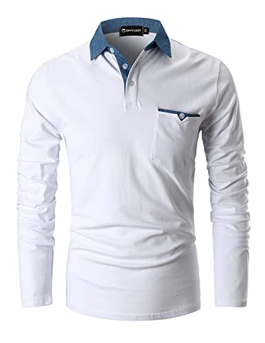 GHYUGR Poloshirts Herren Basic Langarm Baumwolle Polohemd Denim Nähen Golf T-Shirt S-XXL,Weiß,M von GHYUGR