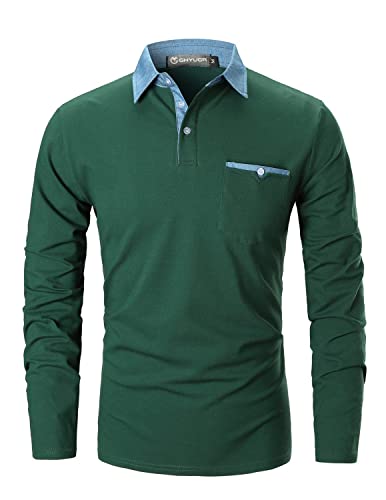 GHYUGR Poloshirts Herren Basic Langarm Baumwolle Polohemd Denim Nähen Golf T-Shirt S-XXL (L, Grün) von GHYUGR
