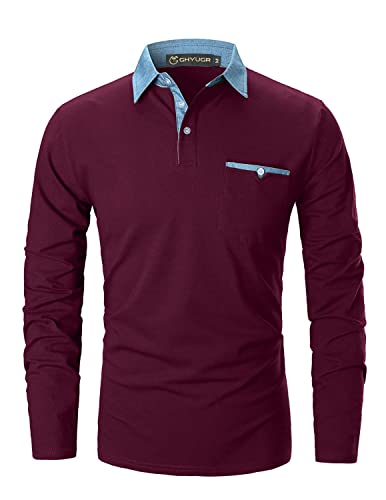 GHYUGR Poloshirts Herren Basic Langarm Baumwolle Polohemd Denim Nähen Golf T-Shirt S-XXL (L, Rot 1) von GHYUGR