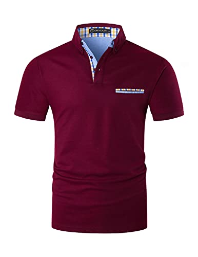 GHYUGR Poloshirts für Herren Baumwolle Kurzarm T-Shirt Kontrastblende Plaid Polohemd,Rot 1,L von GHYUGR