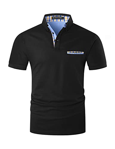 GHYUGR Poloshirts für Herren Baumwolle Kurzarm T-Shirt Kontrastblende Plaid Polohemd,Schwarz,L von GHYUGR