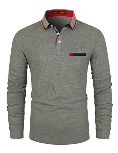 GHYUGR Poloshirts für Herren Baumwolle Langarm Casual T-Shirt Kontrastblende Polohemd,Grau 1,XXL von GHYUGR