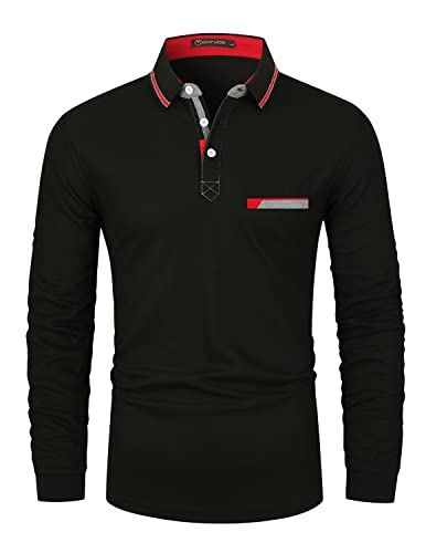 GHYUGR Poloshirts für Herren Baumwolle Langarm Casual T-Shirt Kontrastblende Polohemd,Schwarz,M von GHYUGR