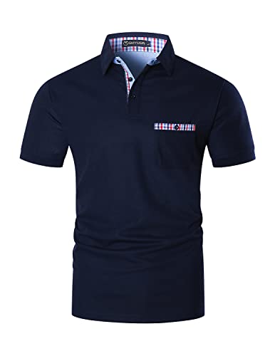 GHYUGR Poloshirts für Herren Kurzarm T-Shirt Kontrastblende Plaid spleißen Polohemd,Blau,L von GHYUGR