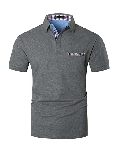 GHYUGR Poloshirts für Herren Kurzarm T-Shirt Kontrastblende Plaid spleißen Polohemd,Grau,L von GHYUGR