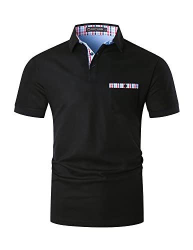 GHYUGR Poloshirts für Herren Kurzarm T-Shirt Kontrastblende Plaid spleißen Polohemd,Schwarz,L von GHYUGR