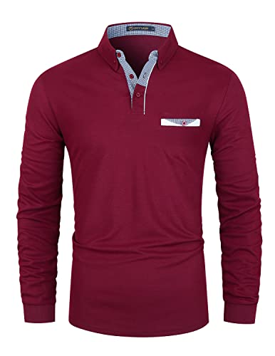 GHYUGR Poloshirts für Herren Langarm T-Shirt Casual Plaid spleißen Polohemd,Rot 2,XXL von GHYUGR
