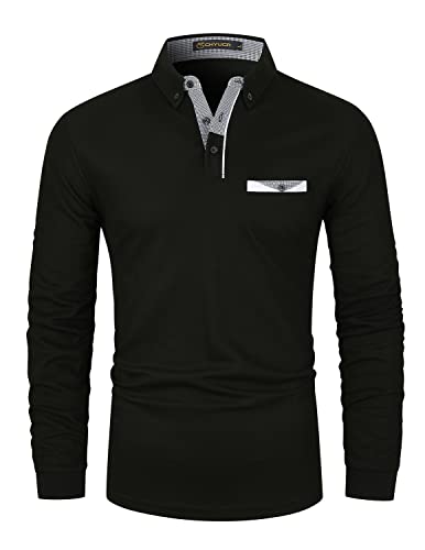 GHYUGR Poloshirts für Herren Langarm T-Shirt Casual Plaid spleißen Polohemd,Schwarz 1,XXL von GHYUGR