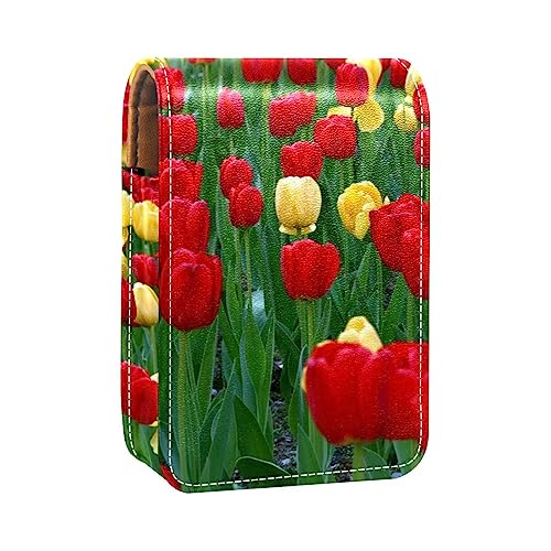 Lippenstiftetui,Lipgloss Lippenstift Organizer aus Leder mit Spiegel,Mini Lippenstifthaltertasche,Frühlings Tulpen Blumen Illustration von GIAPB