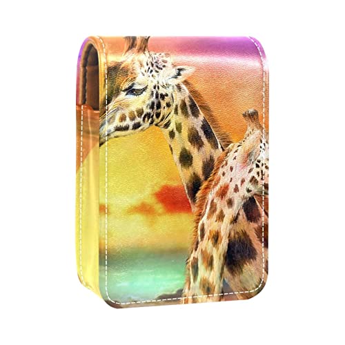 Lippenstiftetui,Lipgloss Lippenstift Organizer aus Leder mit Spiegel,Mini Lippenstifthaltertasche,Giraffen Tier buntes Landschaftsmuster von GIAPB