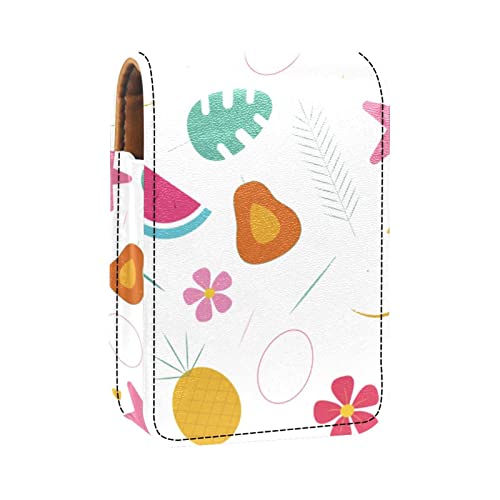 Lippenstiftetui,Lipgloss Lippenstift Organizer aus Leder mit Spiegel,Mini Lippenstifthaltertasche,Nahtloses Birnen Wassermelonen Frucht Blumenmuster von GIAPB