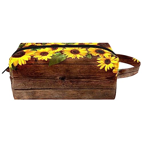 Make up Tasche,Kulturbeutel,Kosmetiktaschen für Damen,Herbstliches Sonnenblumen Holzbrett von GIAPB