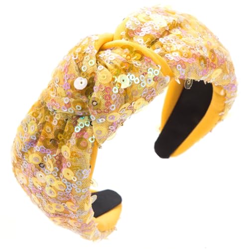 Breite Stirnbänder, Knoten, breite Krempen, Stirnbänder for Damen, Haarband mit durchgehenden Pailletten, Dekor, Mehrzweck-Haarband for Mädchen(Yellow) von GIAYEU