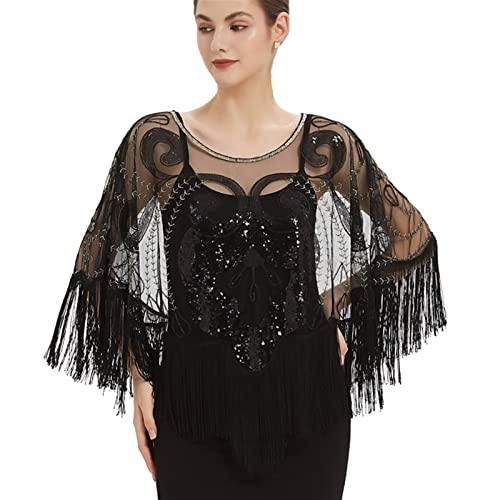 GIBZ 1920er Pailletten Schal für Damen mit Quaste Chiffon Stola Wraps Glitter für Hochzeit Abendkleider Party, Schwarz von GIBZ