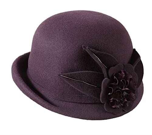 GIBZ Bowler Hut Damen Winter Warm Slouchy Cap Retro Curled Top Hüte mit Blume Violett von GIBZ