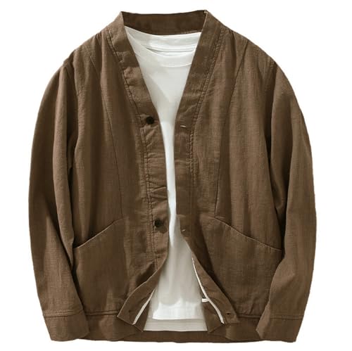 GIBZ Casual Jacke Leinen für Herren Leicht Cardigan ohne Kragen 2 Knöpfe Hemd Langarm Modische Strickjacke für Sommer Frühling, Braun, S von GIBZ
