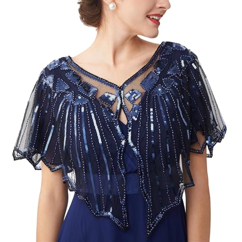 GIBZ Damen 1920s Stola Schwarze und Blaue Schal Pailletten Schals Tücher Spitze V-Ausschnitt Halstuch für Abendkleid Hochzeit Blau Einheitsgröße von GIBZ
