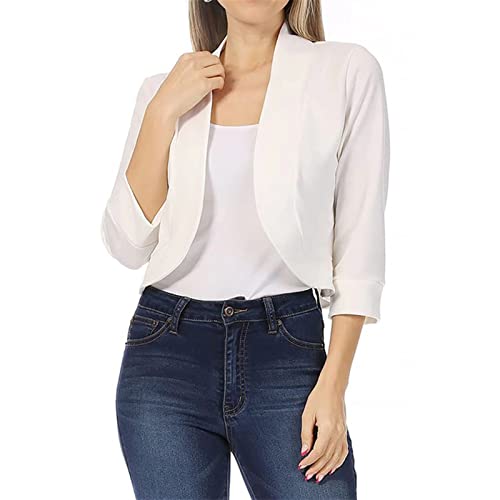 GIBZ Damen 3/4 Arm Kurz Cardigan Casual Open Front Baumwolle Blazer Sommer Bolero Leichte Elegante Jacke, Weiß, M von GIBZ