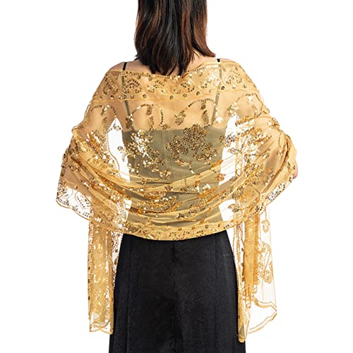 GIBZ Damen Bestickt Glitzer Schal Dünn Vintage Floral Stola Wraps mit Pailletten für Hochzeit Abendkleider, Gold von GIBZ