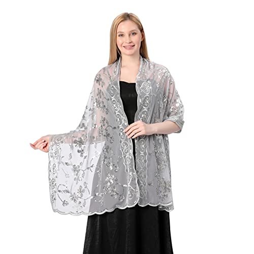 GIBZ Damen Bestickt Glitzer Schal Dünn Vintage Floral Stola Wraps mit Pailletten für Hochzeit Abendkleider, Silber von GIBZ