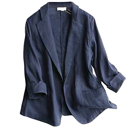 GIBZ Damen Blazer Leinen Elegant Jacket Sommer Modern Lässig Uniform mit 3/4 Ärmel, Blaue Marine, L von GIBZ