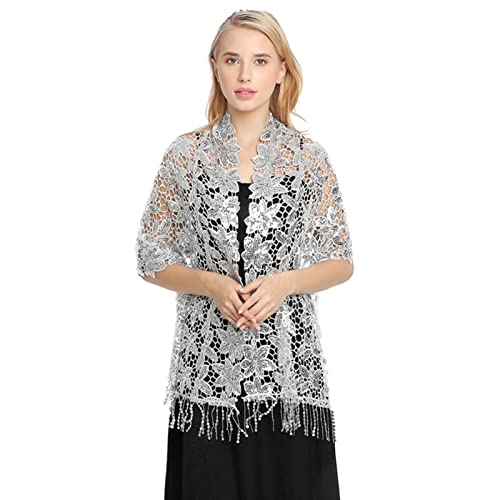 GIBZ Damen Glitzer Schal Dünne Soft Stola Floral Wraps mit Quasten Pailletten für Hochzeit Abendkleider, Silber von GIBZ