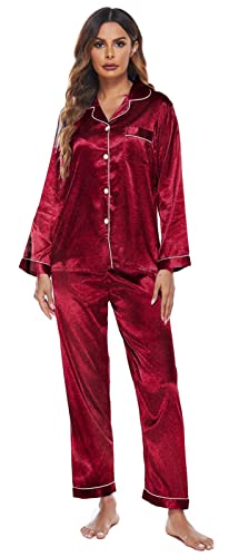 GIBZ Damen Seide Satin Pyjamas Set Lange Ärmel Loungewear Sommer Weich 2 Stück Schlafanzug, Rot, S von GIBZ
