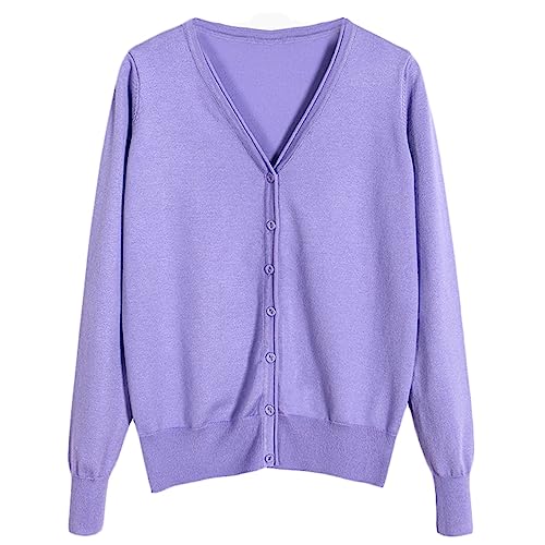 GIBZ Damen Strick Cardigan mit Knöpfen Langarm V Ausschnitt Elegant Einfarbig Leicht Strickjacke, Lila, XXL von GIBZ