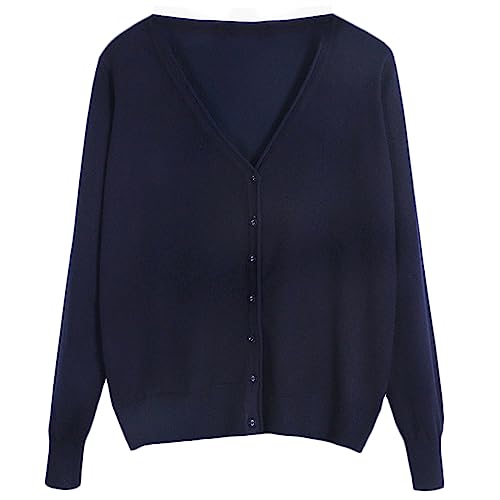 GIBZ Damen Strick Cardigan mit Knöpfen Langarm V Ausschnitt Elegant Einfarbig Leicht Strickjacke, Navy Blau, M von GIBZ