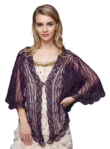 GIBZ Damen Strickjacke Transparent 3/4 Ärmel Unregelmäßige Spitze Cardigan Elegant Schal mit Schnalle, Lila von GIBZ