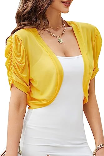 GIBZ Damen Tüll Kurz Bolero Sommer Cardigan Kurzarm Elegant Leicht Shrugs Open Front Blazer Strickjacke, Gelb, XXL von GIBZ