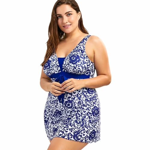 GIBZ Einteiliger Badeanzug in Übergröße Geblümter Bauchweg für Damen mit Rock V-Ausschnitt Schleife Bademode Swimsuit Blau 4XL von GIBZ