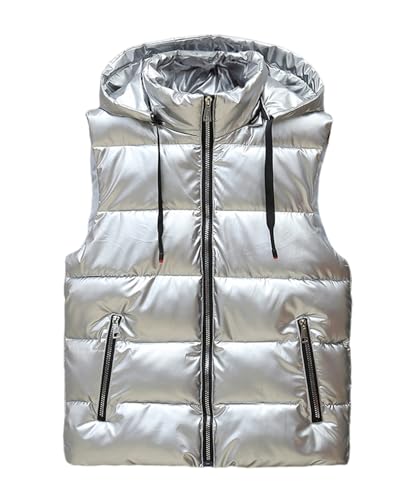 GIBZ Glänzende Steppweste für Herren mit Kapuzenjacke, Warme Ärmellose Daunenweste, für Winter, Arbeit, Sport im Freien, Silber, 3XL von GIBZ