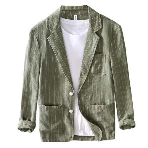 GIBZ Herren Blazer Gestreift Lässig Leinen Leicht 2 Knopf Anzugjacke Sakko Sportlich Revers Anzug mit Taschen für den Sommer Frühling, Grün, L von GIBZ
