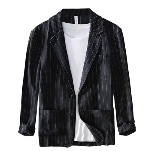 GIBZ Herren Blazer Gestreift Lässig Leinen Leicht 2 Knopf Anzugjacke Sakko Sportlich Revers Anzug mit Taschen für den Sommer Frühling, Schwarz, M von GIBZ