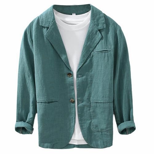 GIBZ Herren Blazer Lässig Leinen Leicht 2 Knopf Anzugjacke Sakko Sportlich Revers Vintage Anzug mit Taschen für den Sommer Frühling, Blaugrünes Grün, XL von GIBZ
