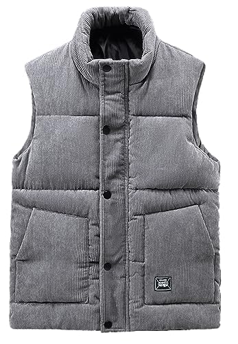 GIBZ Herren Cord Steppweste Dicke Weiche Daunenjacke Ärmellos Warme Jacke für Winter Outdoor Arbeit, Grau, S von GIBZ