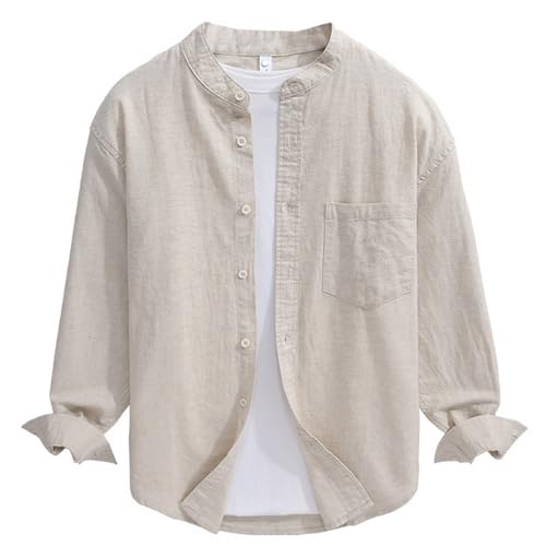 GIBZ Herren Freizeithemden Bandkragen Langarm Sommer Baumwoll Leinen Strand Button Down Hemd mit Brusttaschen, Beige, XS GIBZ Herren Freizeithemden Bandkragen Langarm Sommer Baumwoll Leinen Strand Button Down Hemd mit Brusttaschen, Beige, XS von GIBZ