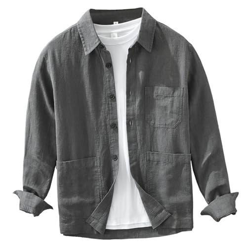 GIBZ Herren Freizeithemden Langarm für Sommer Unifarben Leinen Baumwolle Strand Hemd mit Taschen, Grau, XS GIBZ Herren Freizeithemden Langarm für Sommer Unifarben Leinen Baumwolle Strand Hemd mit Taschen, Grau, XS von GIBZ