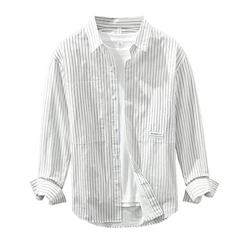 GIBZ Herren Gestreiftes Hemd Langarm Baumwolle Top Jugend Freizeithemden Weiss L von GIBZ