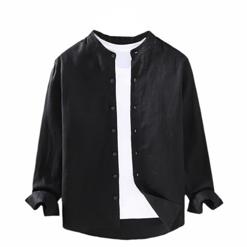 GIBZ Herren Hemd 100% Leinen Leinenhemd Lässig Langarm Sommerhemd Ohne Kragen Freizeithemden, Schwarz, M von GIBZ