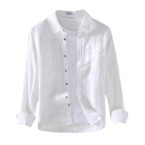 GIBZ Herren Hemd Casual 100% Leinen Knopfhemd Vintage Langarm Leinenhemd Einfarbig Sommerhemd für Business Urlaub, Weiß, XS von GIBZ