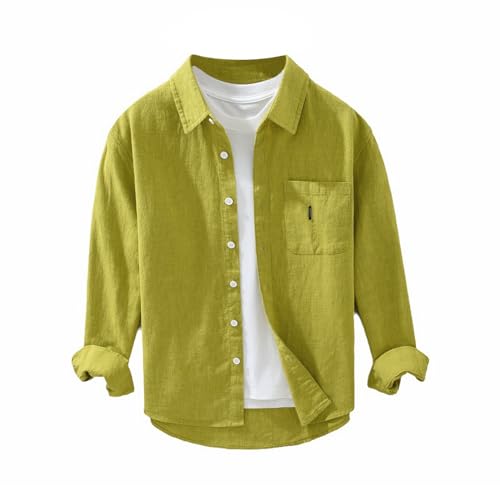 GIBZ Herren Hemd Langarm Revers Atmungsaktiver Japanischer Stil Leinenhemd Regular Fit Freizeithemd mit Taschen Knöpfen Gelb M von GIBZ