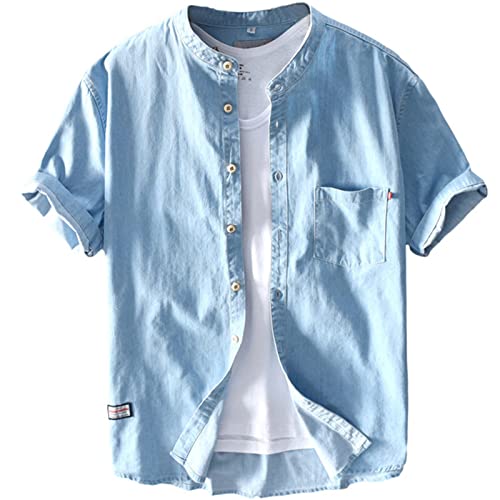 GIBZ Herren Jeanshemd Baumwolle Casual Button Down Kurzarm Sommerhemden, Hellblau, S von GIBZ