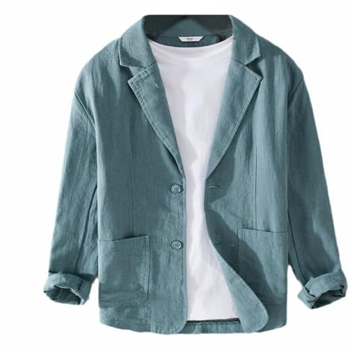 GIBZ Herren Leinen Blazer für Frühling Sommer Lockere Vielseitige Einfache Anzugjacke Gekerbter 2 Knopf Anzug Sakko mit Tasche Blau S von GIBZ