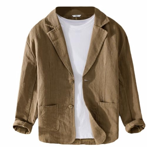 GIBZ Herren Leinen Blazer für Frühling Sommer Lockere Vielseitige Einfache Anzugjacke Gekerbter 2 Knopf Anzug Sakko mit Tasche Braun M von GIBZ