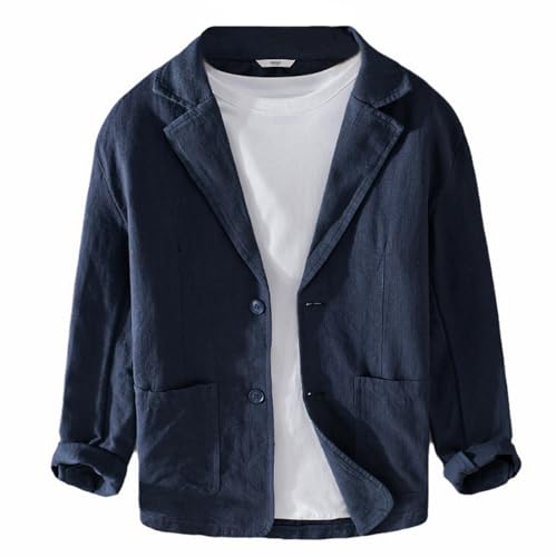 GIBZ Herren Leinen Blazer für Frühling Sommer Lockere Vielseitige Einfache Anzugjacke Gekerbter 2 Knopf Anzug Sakko mit Tasche Marine Blau M von GIBZ