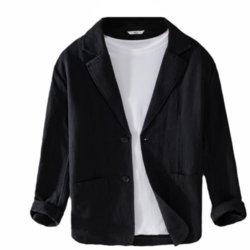 GIBZ Herren Leinen Blazer für Frühling Sommer Lockere Vielseitige Einfache Anzugjacke Gekerbter 2 Knopf Anzug Sakko mit Tasche Schwarz XXS von GIBZ