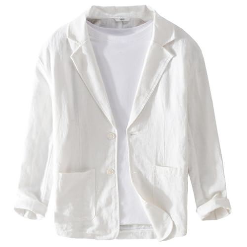 GIBZ Herren Leinen Blazer für Frühling Sommer Lockere Vielseitige Einfache Anzugjacke Gekerbter 2 Knopf Anzug Sakko mit Tasche Weiß XS von GIBZ